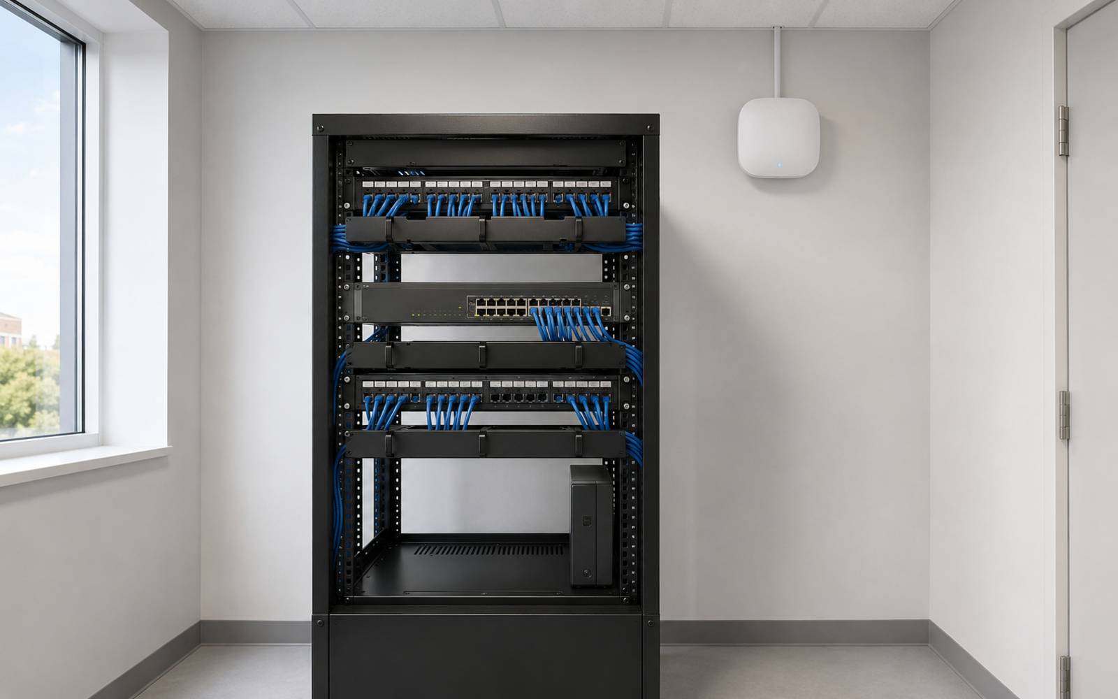 Rack de comunicaciones de una pyme con cableado estructurado y access point